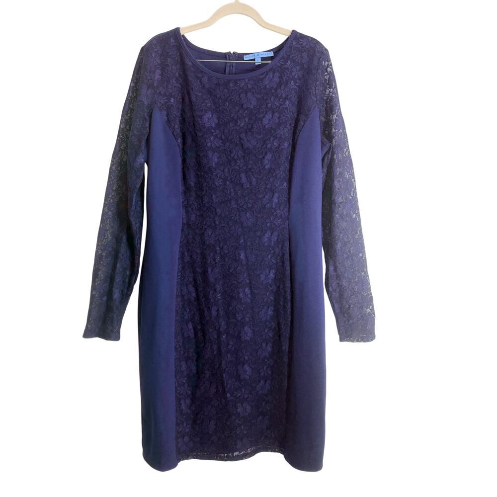 Antonio Melani Lace Dress Women Large Blue Long Sleeve Sheath Knee Length